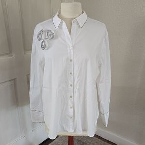 Chico's White Button-Down Shirt with Rosette Appliqués